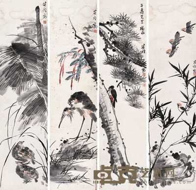 李苦禅 花鸟 四屏 127×31cm×4